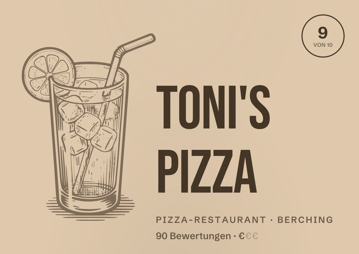 Illustriertes Poster von Toni's Pizza, Pizza-Restaurant in Berching: Bewertung 9 von 10 aus 90 Bewertungen, Preisniveau €