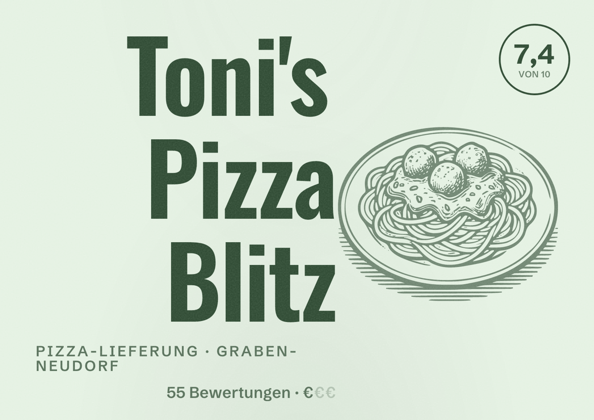 Illustriertes Poster von Toni's Pizza Blitz, Pizza-Lieferung in Graben-Neudorf: Bewertung 7,4 von 10 aus 55 Bewertungen, Preisniveau €