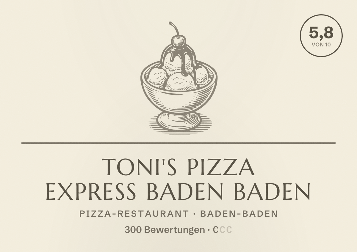 Illustriertes Poster von Toni's Pizza Express Baden Baden, Pizza-Restaurant in Baden-Baden: Bewertung 5,8 von 10 aus 300 Bewertungen, Preisniveau €