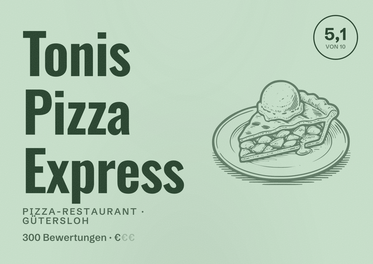 Illustriertes Poster von Tonis Pizza Express, Pizza-Restaurant in Gütersloh: Bewertung 5,1 von 10 aus 300 Bewertungen, Preisniveau €