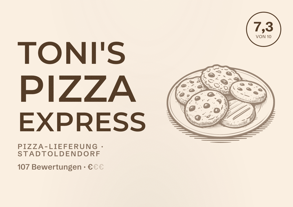 Illustriertes Poster von Toni's Pizza Express, Pizza-Lieferung in Stadtoldendorf: Bewertung 7,3 von 10 aus 107 Bewertungen, Preisniveau €