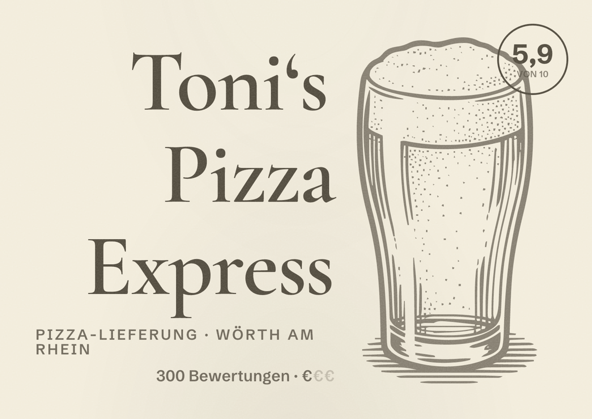 Illustriertes Poster von Toni‘s Pizza Express, Pizza-Lieferung in Wörth am Rhein: Bewertung 5,9 von 10 aus 300 Bewertungen, Preisniveau €