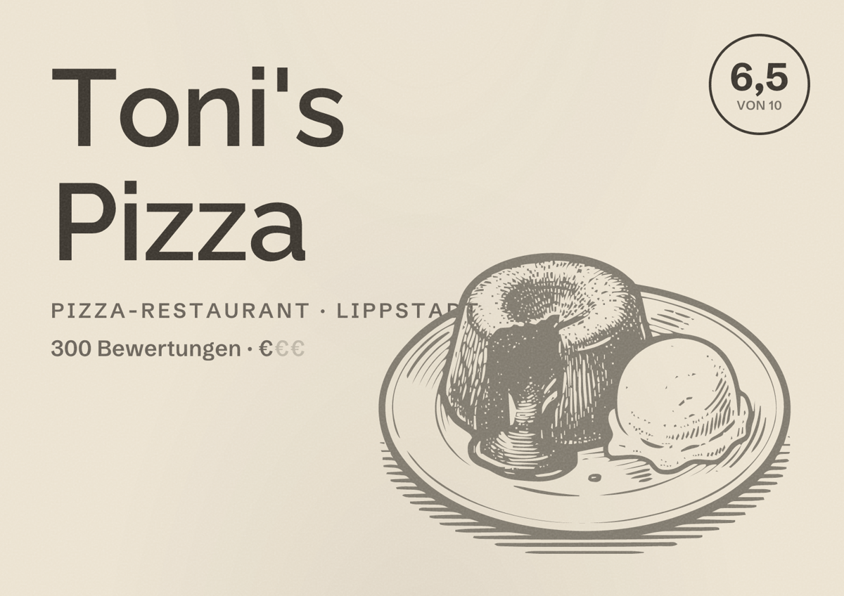 Illustriertes Poster von Toni's Pizza, Pizza-Restaurant in Lippstadt: Bewertung 6,5 von 10 aus 300 Bewertungen, Preisniveau €