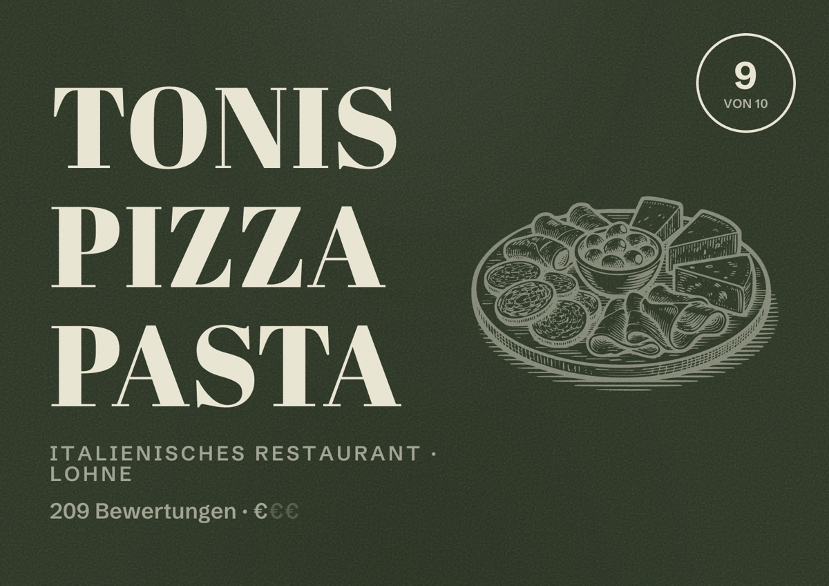 Illustriertes Poster von Tonis Pizza Pasta, Italienisches Restaurant in Lohne: Bewertung 9 von 10 aus 209 Bewertungen, Preisniveau €