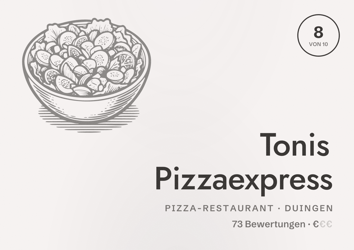 Illustriertes Poster von Tonis Pizzaexpress, Pizza-Restaurant in Duingen: Bewertung 8 von 10 aus 73 Bewertungen, Preisniveau €