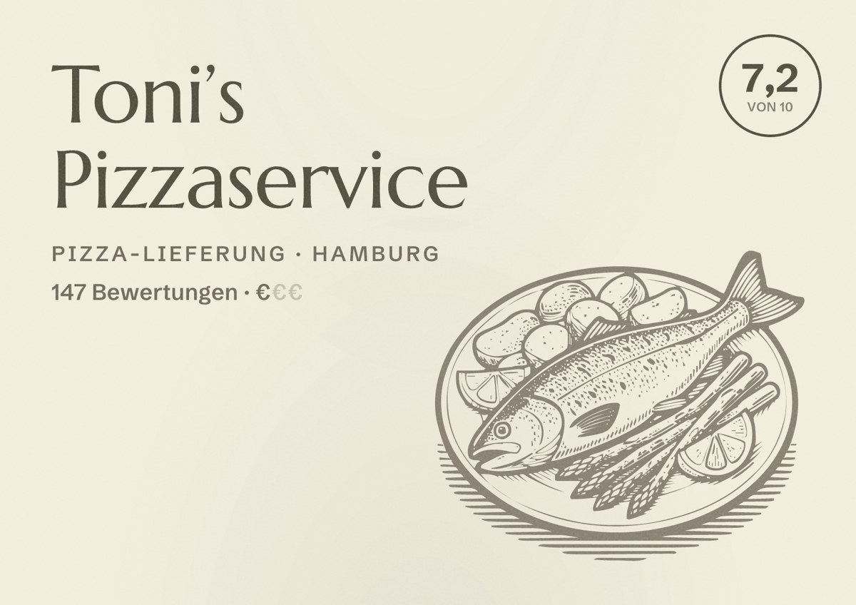 Illustriertes Poster von Toni’s Pizzaservice, Pizza-Lieferung in Hamburg: Bewertung 7,2 von 10 aus 147 Bewertungen, Preisniveau €