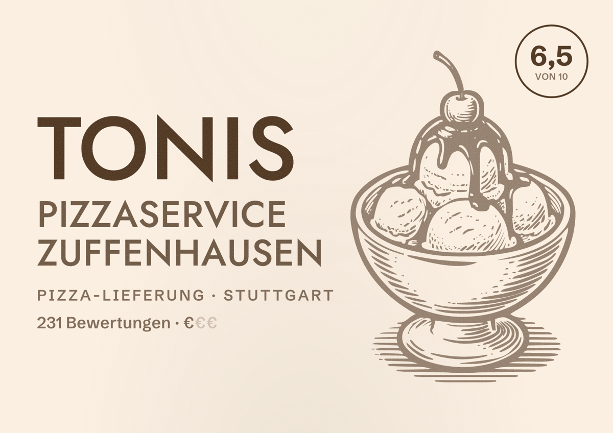 Illustriertes Poster von Tonis Pizzaservice Zuffenhausen, Pizza-Lieferung in Stuttgart: Bewertung 6,5 von 10 aus 231 Bewertungen, Preisniveau €