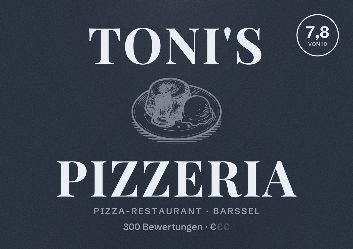 Illustriertes Poster von Toni's Pizzeria, Pizza-Restaurant in Barßel: Bewertung 7,8 von 10 aus 300 Bewertungen, Preisniveau €
