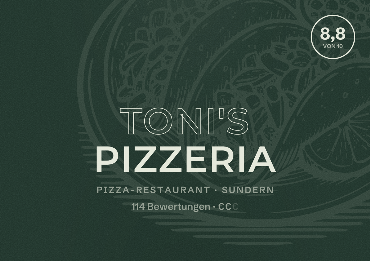Illustriertes Poster von Toni's Pizzeria, Pizza-Restaurant in Sundern: Bewertung 8,8 von 10 aus 114 Bewertungen, Preisniveau €€