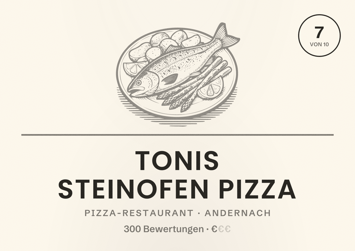 Illustriertes Poster von Tonis Steinofen Pizza, Pizza-Restaurant in Andernach: Bewertung 7 von 10 aus 300 Bewertungen, Preisniveau €