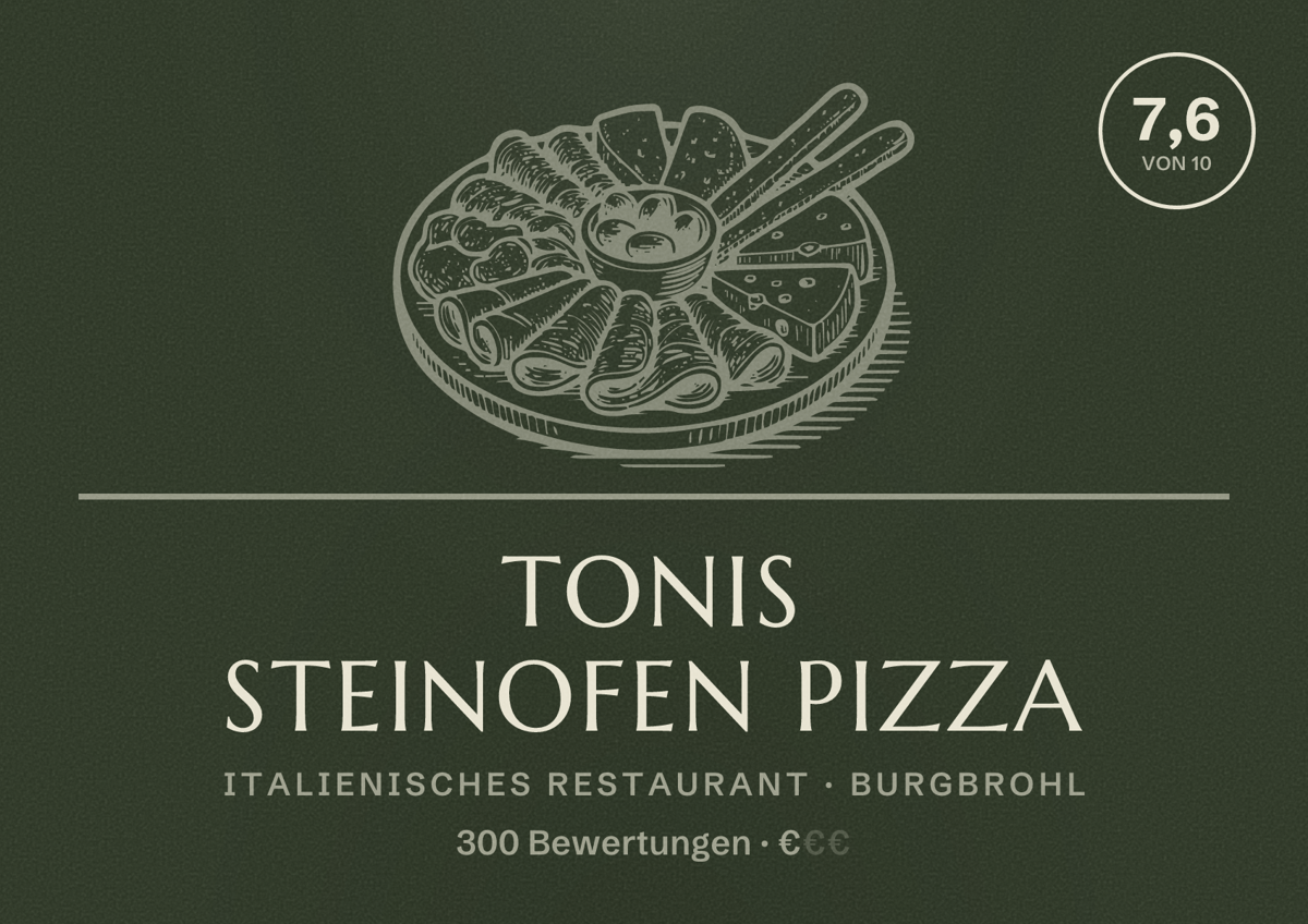 Illustriertes Poster von Tonis Steinofen Pizza, Italienisches Restaurant in Burgbrohl: Bewertung 7,6 von 10 aus 300 Bewertungen, Preisniveau €