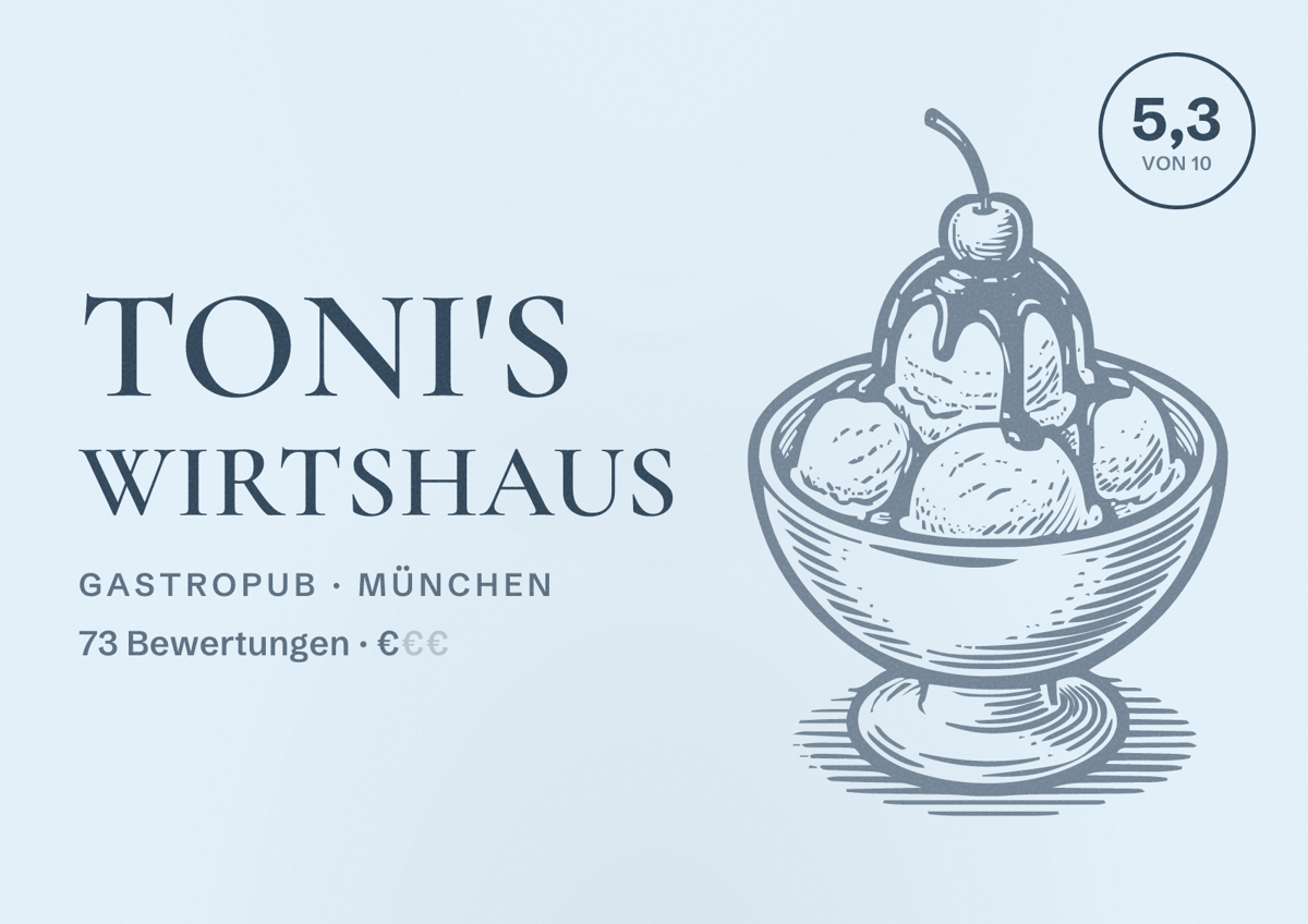Illustriertes Poster von Toni's Wirtshaus, Gastropub in München: Bewertung 5,3 von 10 aus 73 Bewertungen, Preisniveau €