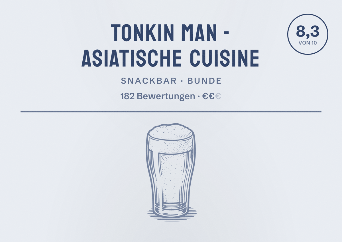 Illustriertes Poster von Tonkin Man - Asiatische Cuisine, Snackbar in Bunde: Bewertung 8,3 von 10 aus 182 Bewertungen, Preisniveau €€