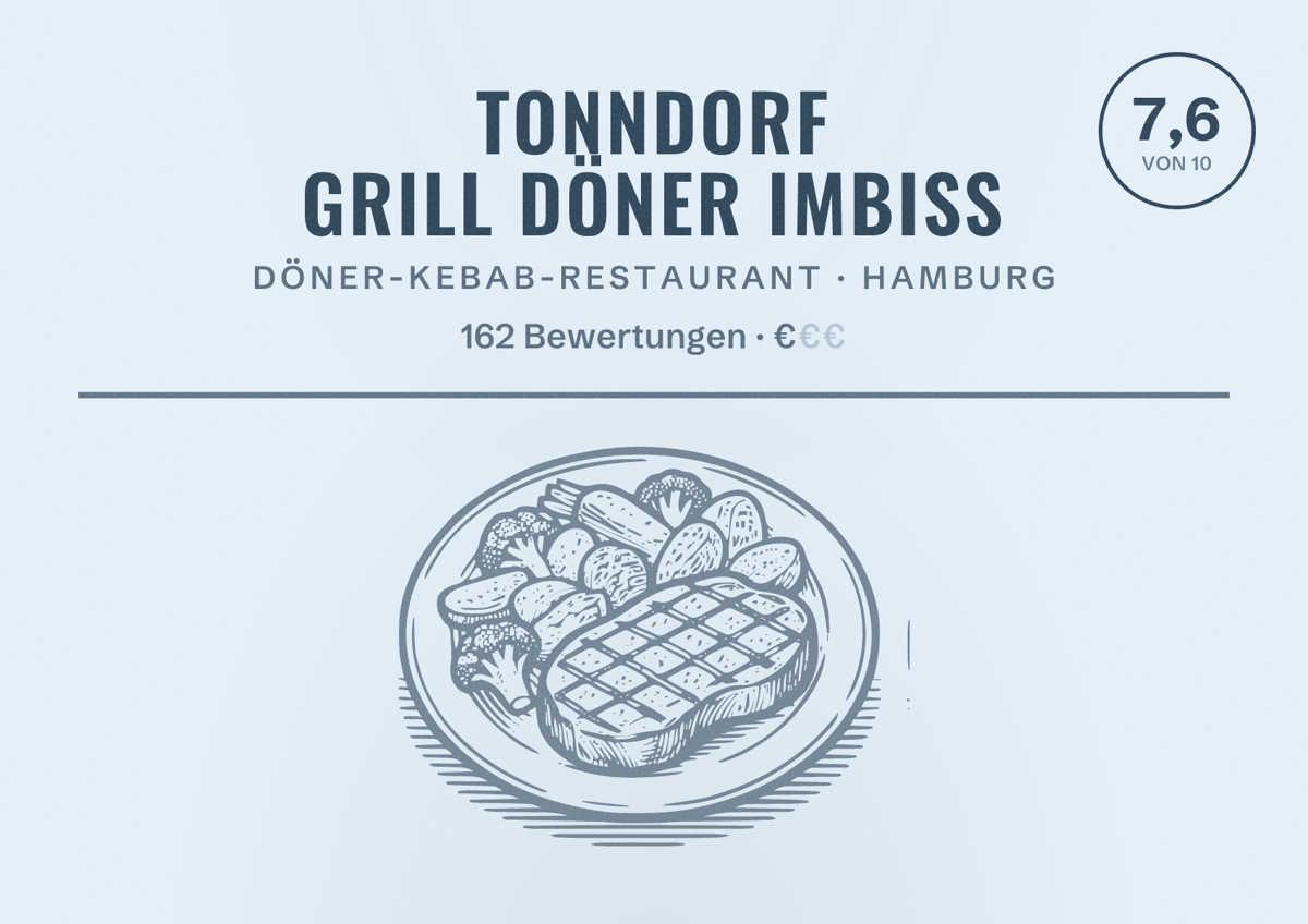 Illustriertes Poster von TONNDORF GRILL DÖNER IMBISS, Döner-Kebab-Restaurant in Hamburg: Bewertung 7,6 von 10 aus 162 Bewertungen, Preisniveau €