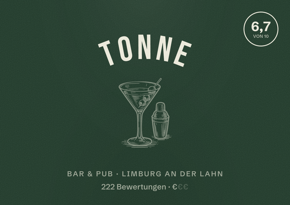 Illustriertes Poster von Tonne, Bar & Pub in Limburg an der Lahn: Bewertung 6,7 von 10 aus 222 Bewertungen, Preisniveau €