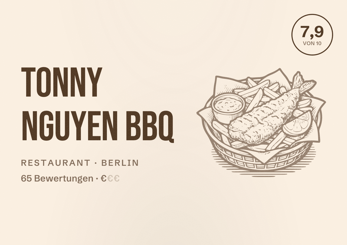 Illustriertes Poster von Tonny Nguyen BBQ, Restaurant in Berlin: Bewertung 7,9 von 10 aus 65 Bewertungen, Preisniveau €