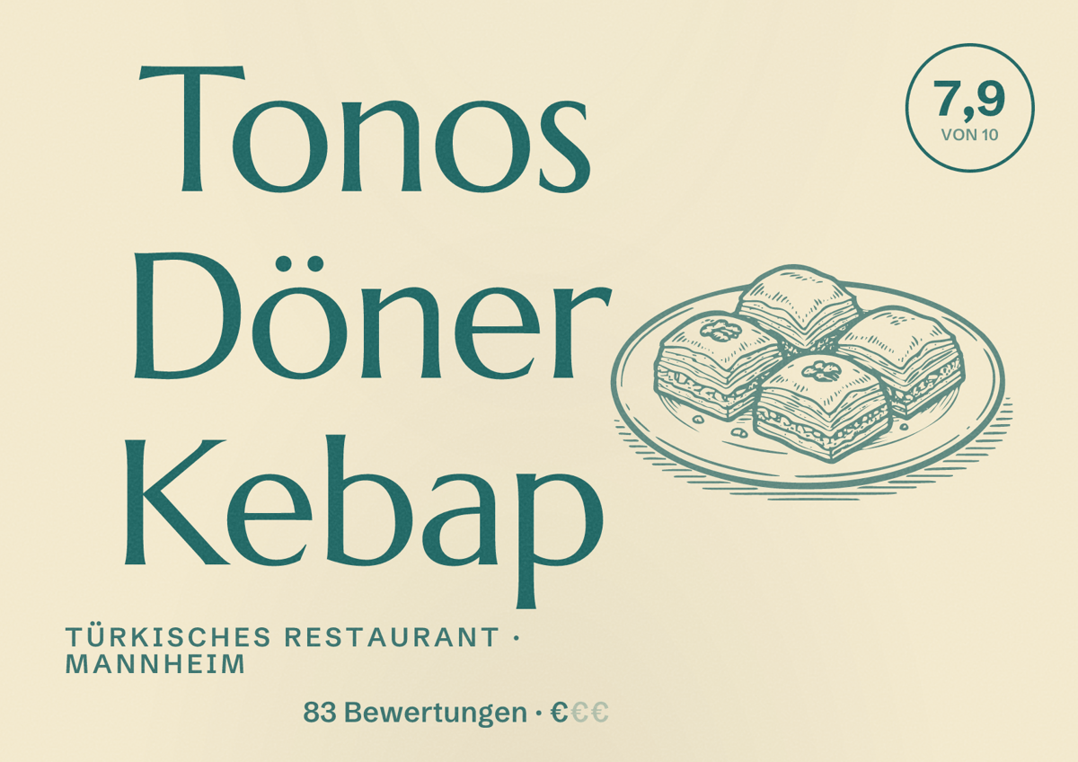Illustriertes Poster von Tonos Döner Kebap, Türkisches Restaurant in Mannheim: Bewertung 7,9 von 10 aus 83 Bewertungen, Preisniveau €