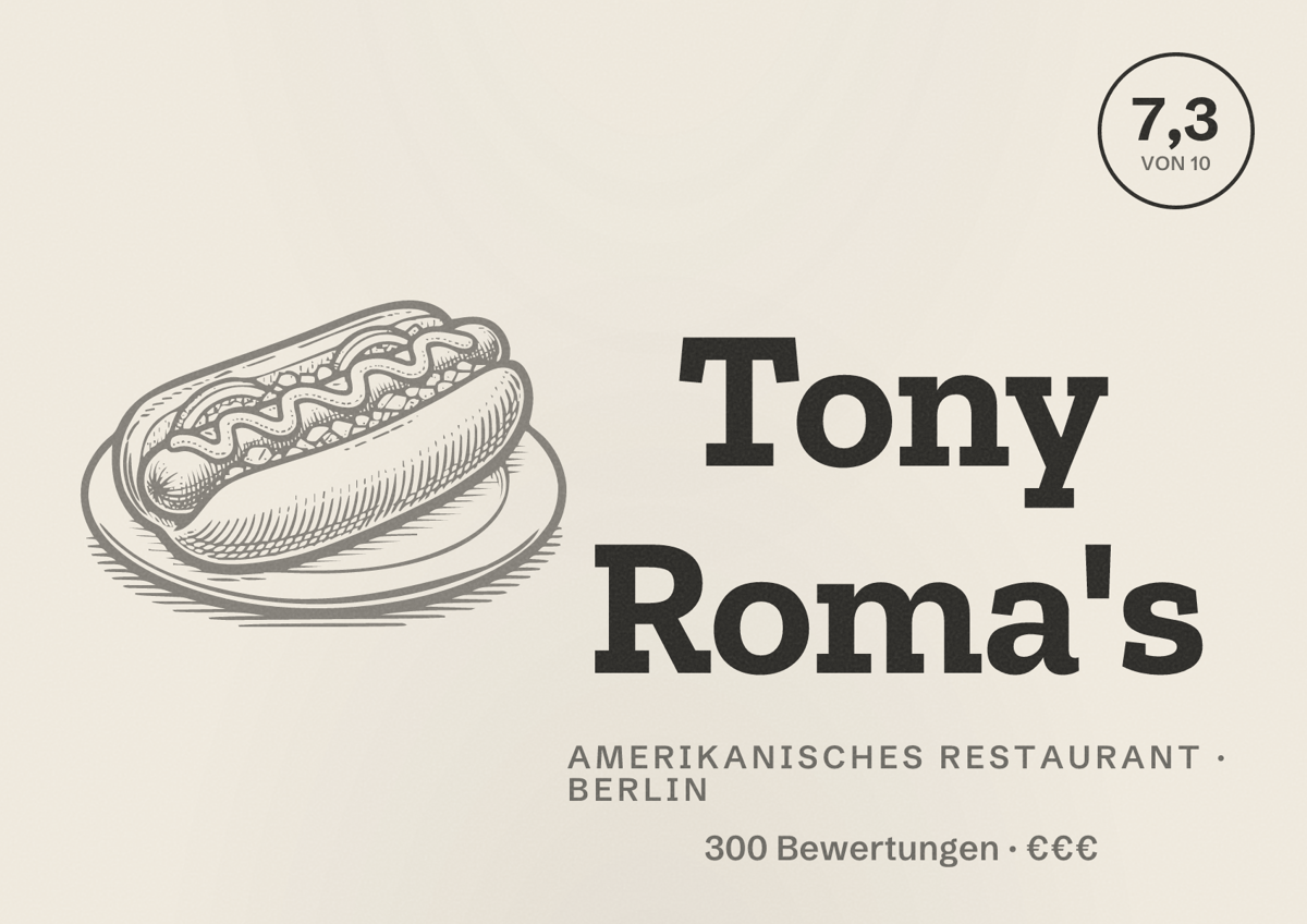 Illustriertes Poster von Tony Roma's, Amerikanisches Restaurant in Berlin: Bewertung 7,3 von 10 aus 300 Bewertungen, Preisniveau €€€