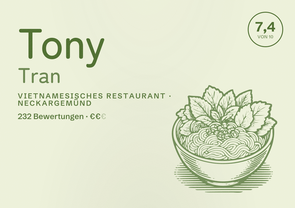 Illustriertes Poster von Tony Tran, Vietnamesisches Restaurant in Neckargemünd: Bewertung 7,4 von 10 aus 232 Bewertungen, Preisniveau €€