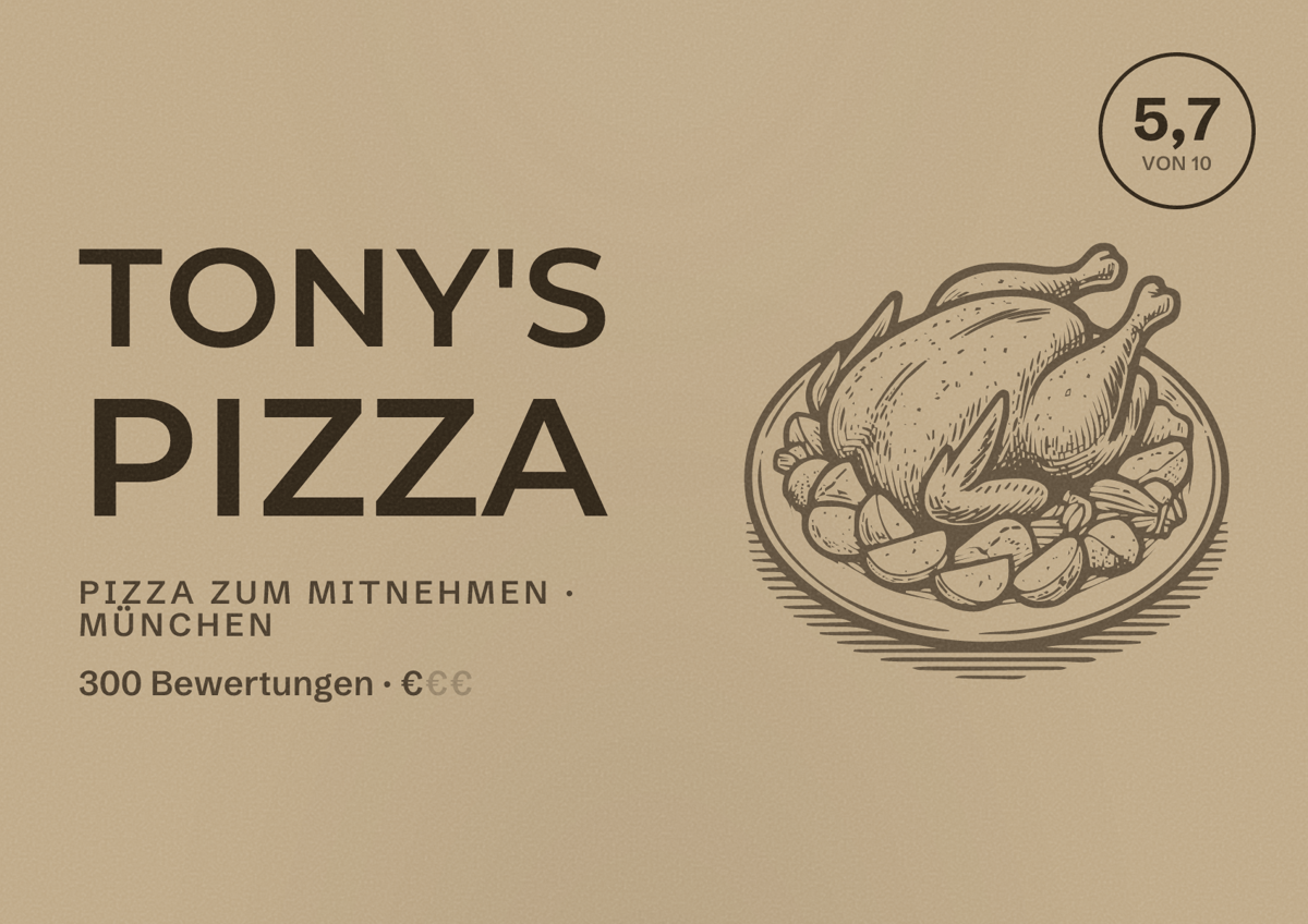 Illustriertes Poster von Tony's Pizza, Pizza zum Mitnehmen in München: Bewertung 5,7 von 10 aus 300 Bewertungen, Preisniveau €