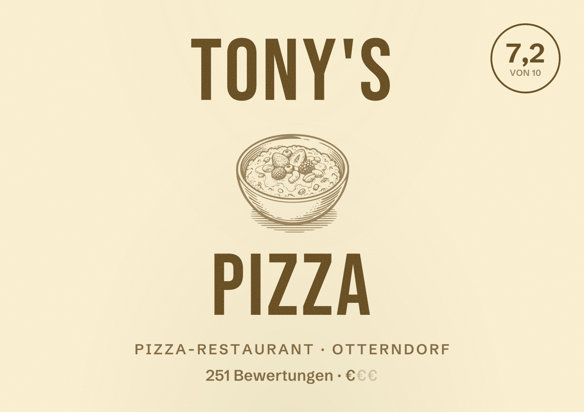 Illustriertes Poster von Tony's Pizza, Pizza-Restaurant in Otterndorf: Bewertung 7,2 von 10 aus 251 Bewertungen, Preisniveau €