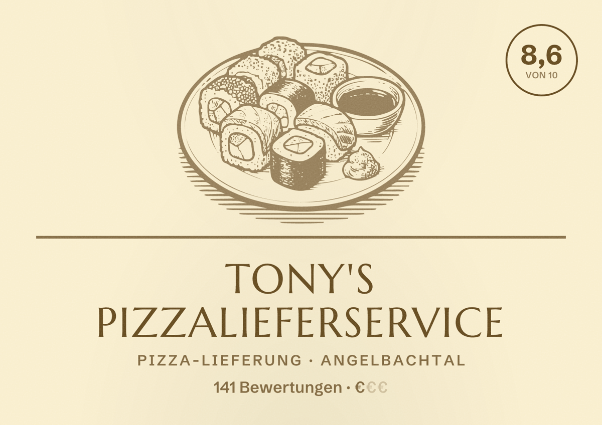 Illustriertes Poster von Tony's Pizzalieferservice, Pizza-Lieferung in Angelbachtal: Bewertung 8,6 von 10 aus 141 Bewertungen, Preisniveau €