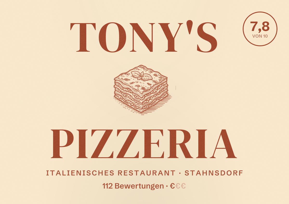 Illustriertes Poster von Tony's Pizzeria, Italienisches Restaurant in Stahnsdorf: Bewertung 7,8 von 10 aus 112 Bewertungen, Preisniveau €