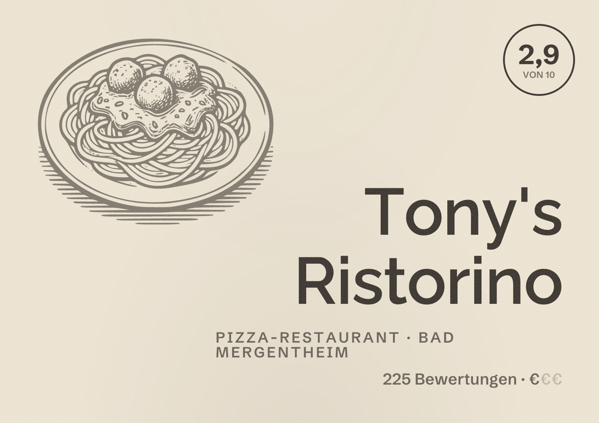 Illustriertes Poster von Tony's Ristorino, Pizza-Restaurant in Bad Mergentheim: Bewertung 2,9 von 10 aus 225 Bewertungen, Preisniveau €