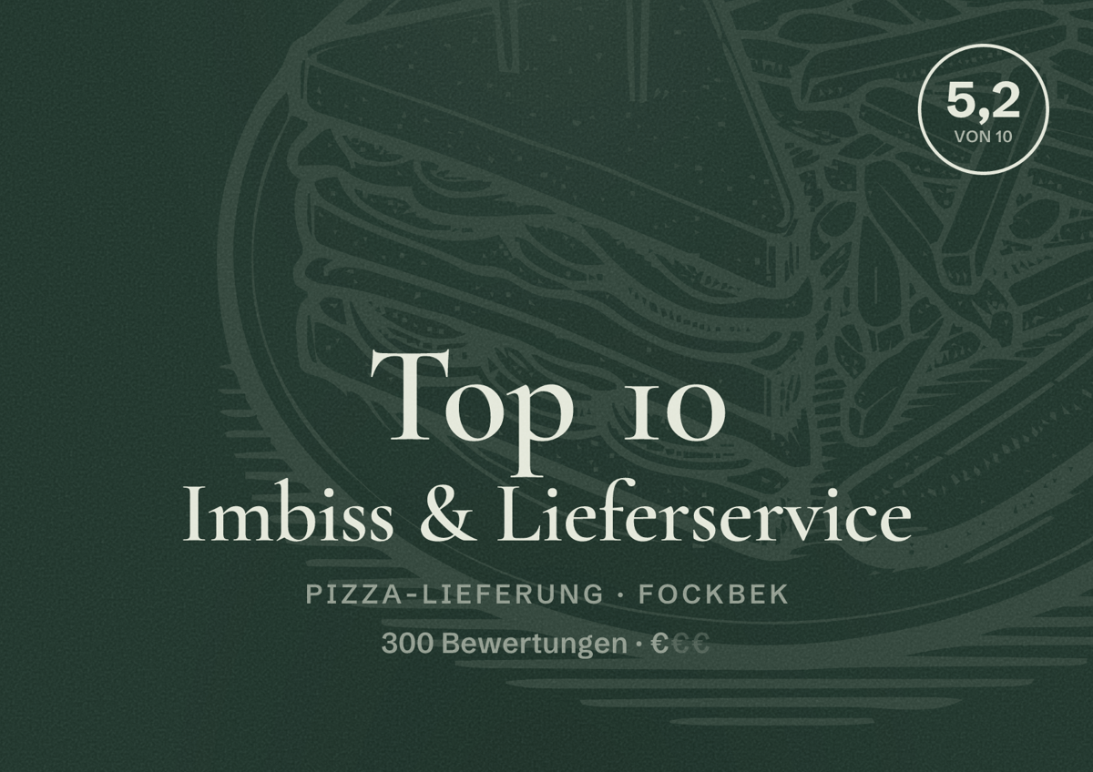 Illustriertes Poster von Top 10 Imbiss & Lieferservice, Pizza-Lieferung in Fockbek: Bewertung 5,2 von 10 aus 300 Bewertungen, Preisniveau €