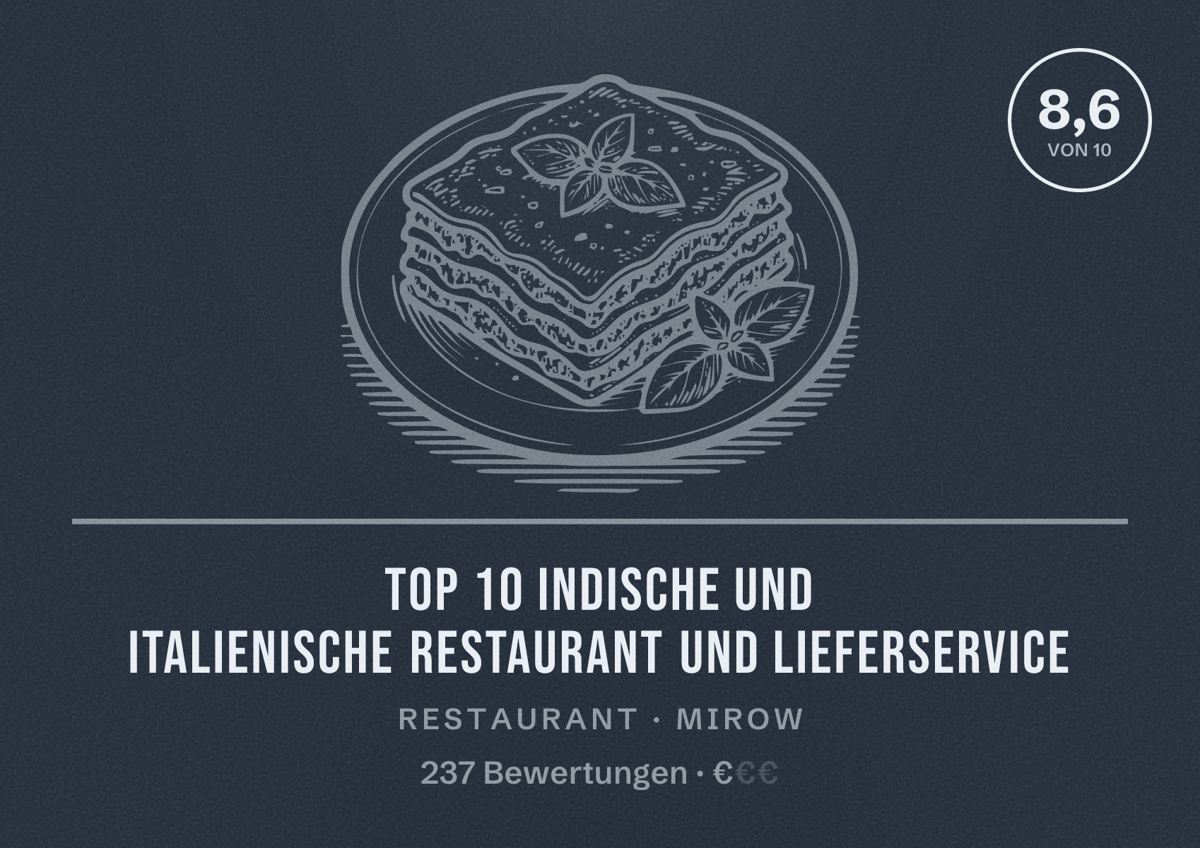 Illustriertes Poster von Top 10 indische und italienische Restaurant und lieferservice, Restaurant in Mirow: Bewertung 8,6 von 10 aus 237 Bewertungen, Preisniveau €