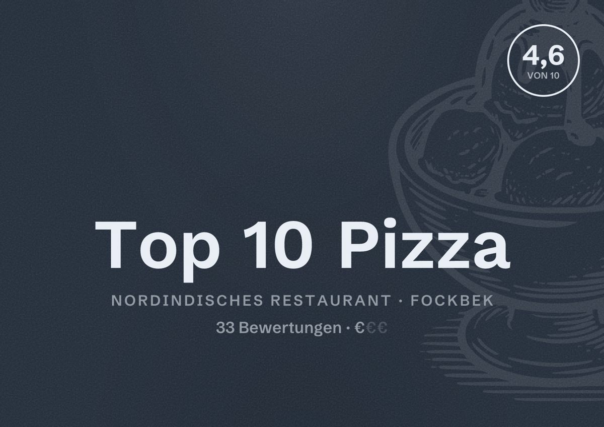 Illustriertes Poster von Top 10 Pizza, Nordindisches Restaurant in Fockbek: Bewertung 4,6 von 10 aus 33 Bewertungen, Preisniveau €