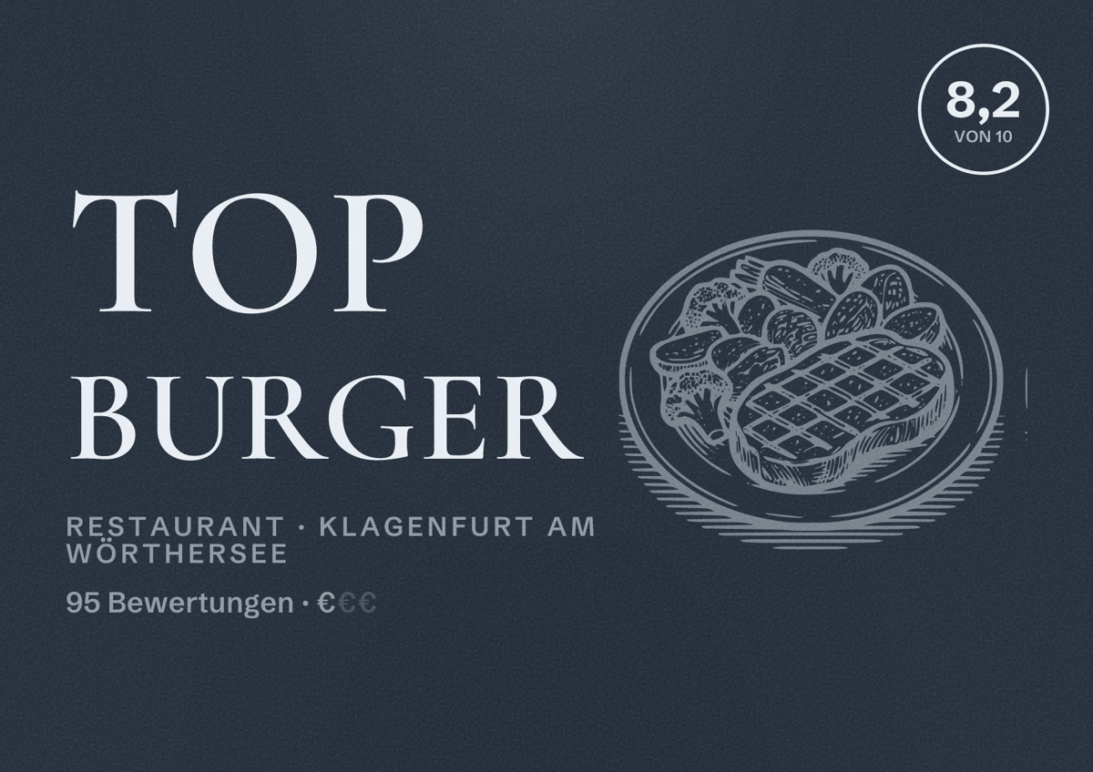 Illustriertes Poster von Top Burger, Restaurant in Klagenfurt am Wörthersee: Bewertung 8,2 von 10 aus 95 Bewertungen, Preisniveau €