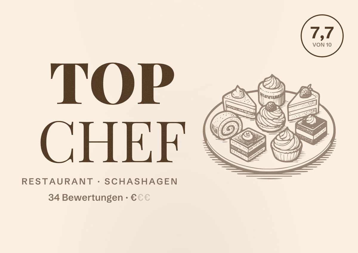 Illustriertes Poster von TOP CHEF, Restaurant in Schashagen: Bewertung 7,7 von 10 aus 34 Bewertungen, Preisniveau €