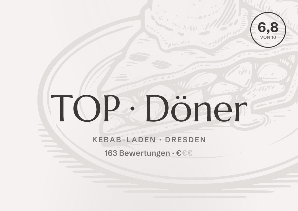 Illustriertes Poster von TOP Döner, Kebab-Laden in Dresden: Bewertung 6,8 von 10 aus 163 Bewertungen, Preisniveau €