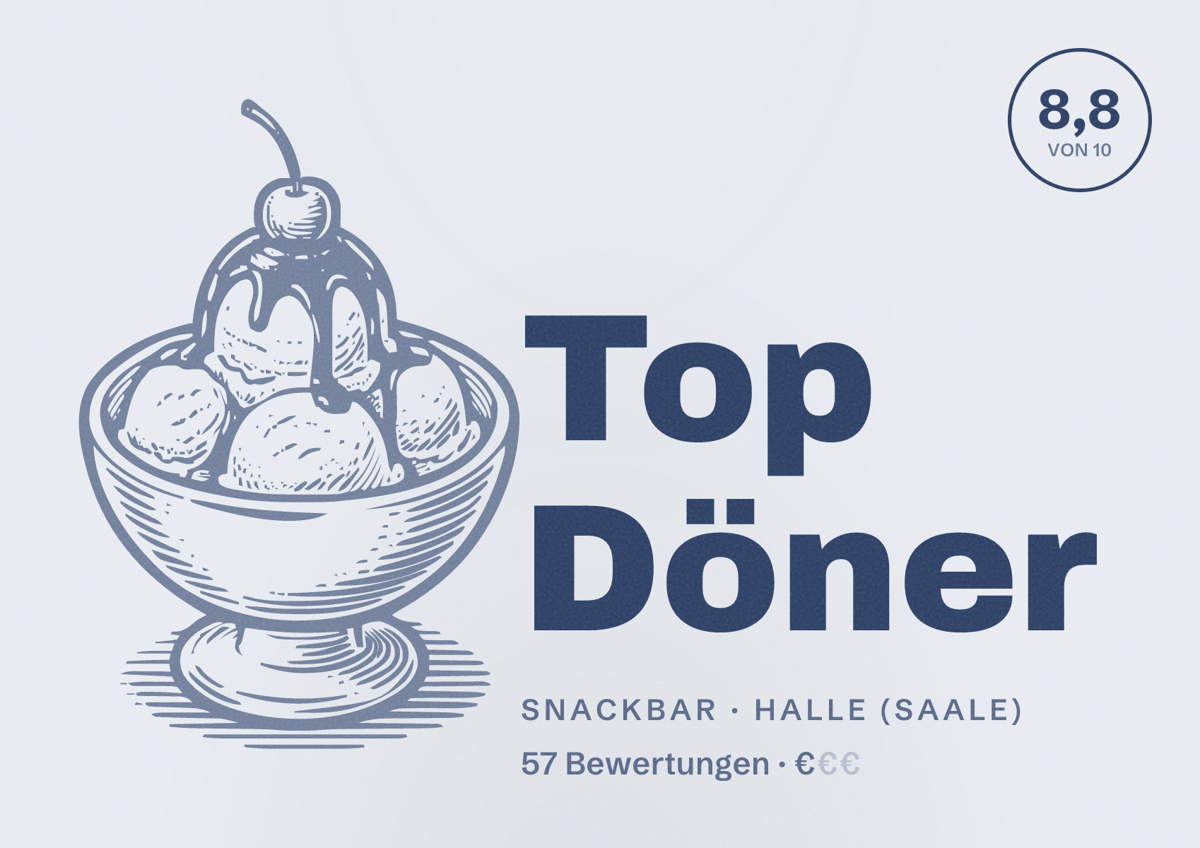 Illustriertes Poster von Top Döner, Snackbar in Halle (Saale): Bewertung 8,8 von 10 aus 57 Bewertungen, Preisniveau €