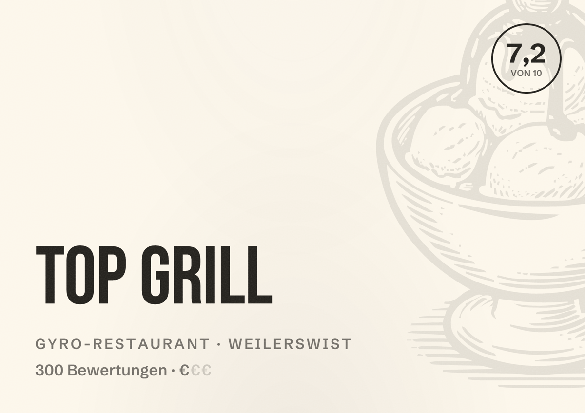 Illustriertes Poster von Top Grill, Gyro-Restaurant in Weilerswist: Bewertung 7,2 von 10 aus 300 Bewertungen, Preisniveau €