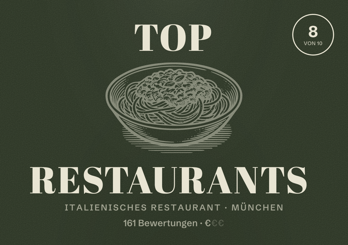 Illustriertes Poster von TOP Restaurants, Italienisches Restaurant in München: Bewertung 8,0 von 10 aus 161 Bewertungen, Preisniveau €