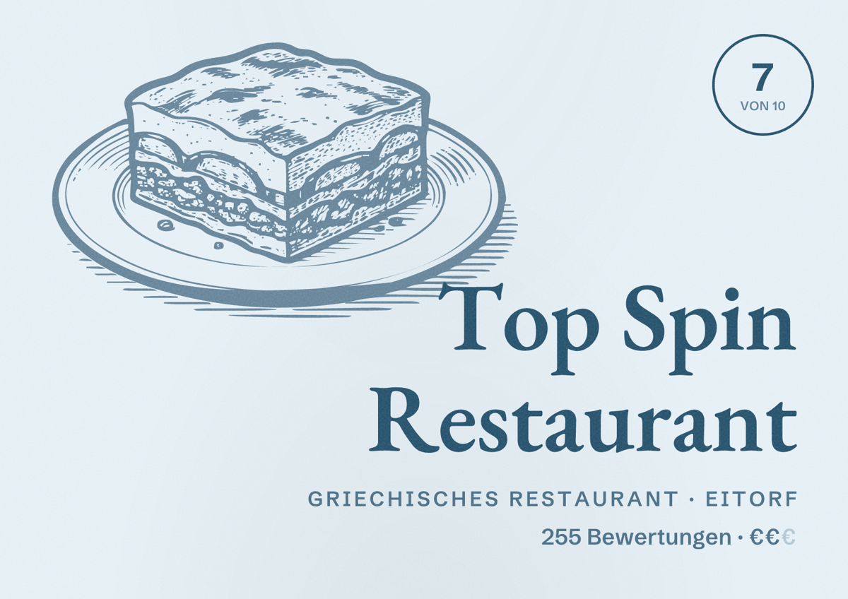 Illustriertes Poster von Top Spin Restaurant, Griechisches Restaurant in Eitorf: Bewertung 7 von 10 aus 255 Bewertungen, Preisniveau €€