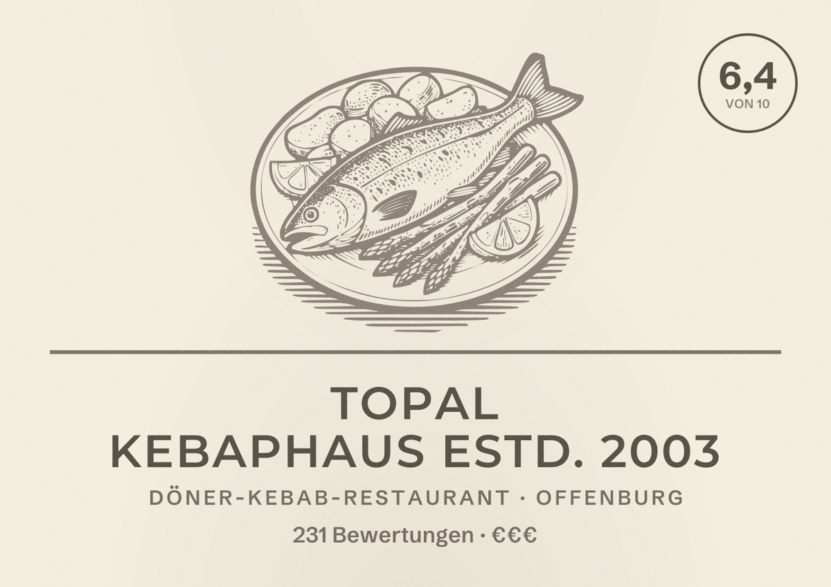 Illustriertes Poster von Topal Kebaphaus estd. 2003, Döner-Kebab-Restaurant in Offenburg: Bewertung 6,4 von 10 aus 231 Bewertungen, Preisniveau €€€