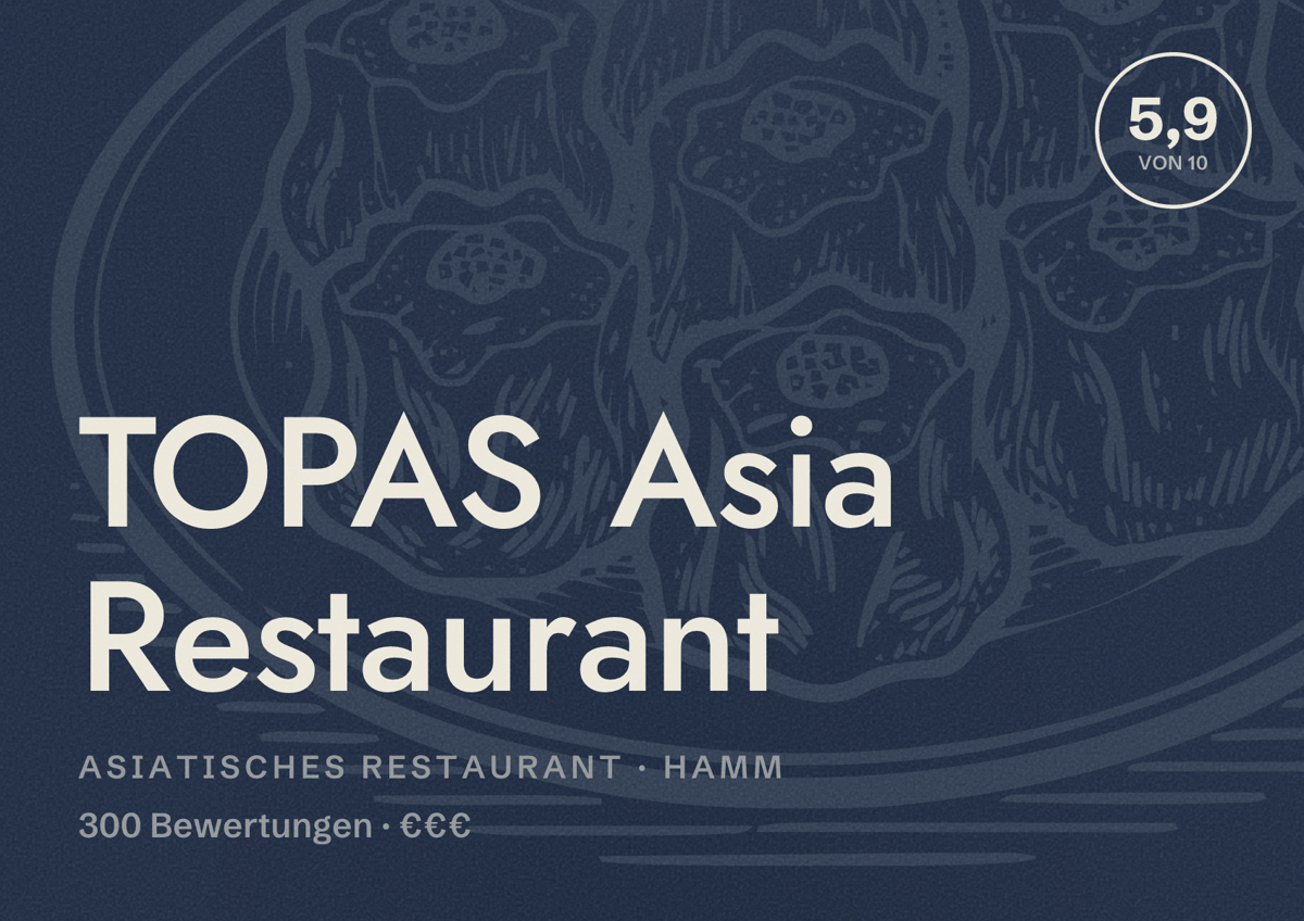Illustriertes Poster von TOPAS Asia Restaurant, Asiatisches Restaurant in Hamm: Bewertung 5,9 von 10 aus 300 Bewertungen, Preisniveau €€€