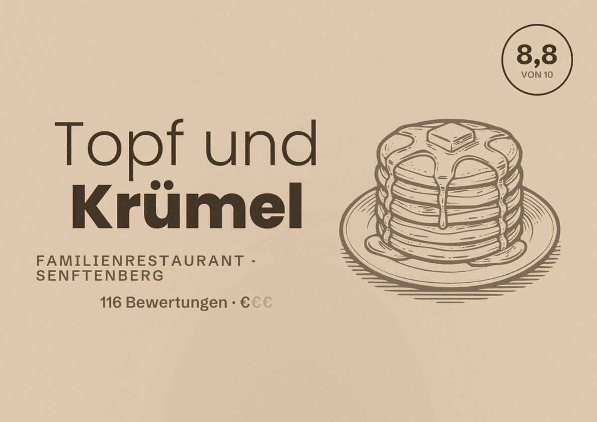 Illustriertes Poster von Topf und Krümel, Familienrestaurant in Senftenberg: Bewertung 8,8 von 10 aus 116 Bewertungen, Preisniveau €