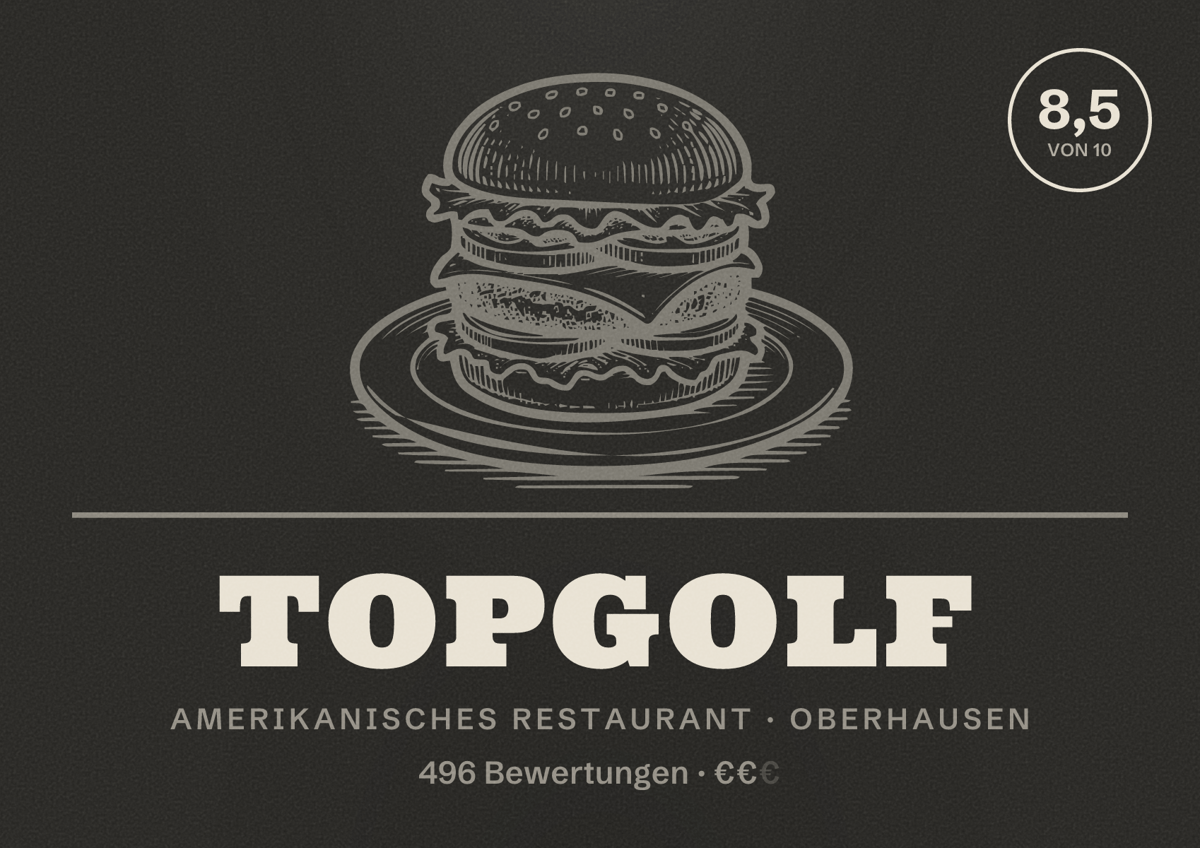 Illustriertes Poster von Topgolf, Amerikanisches Restaurant in Oberhausen: Bewertung 8,5 von 10 aus 496 Bewertungen, Preisniveau €€