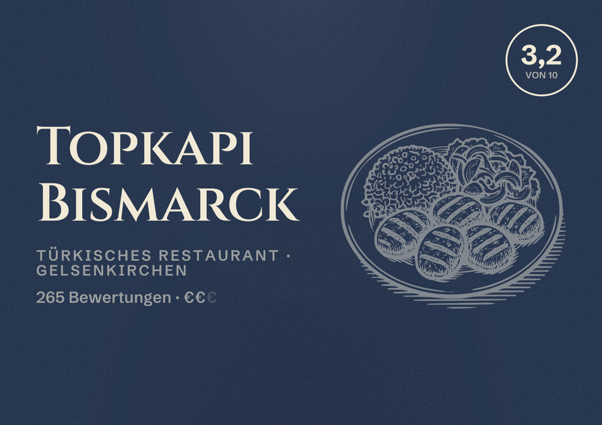 Illustriertes Poster von Topkapı Bismarck, Türkisches Restaurant in Gelsenkirchen: Bewertung 3,2 von 10 aus 265 Bewertungen, Preisniveau €€