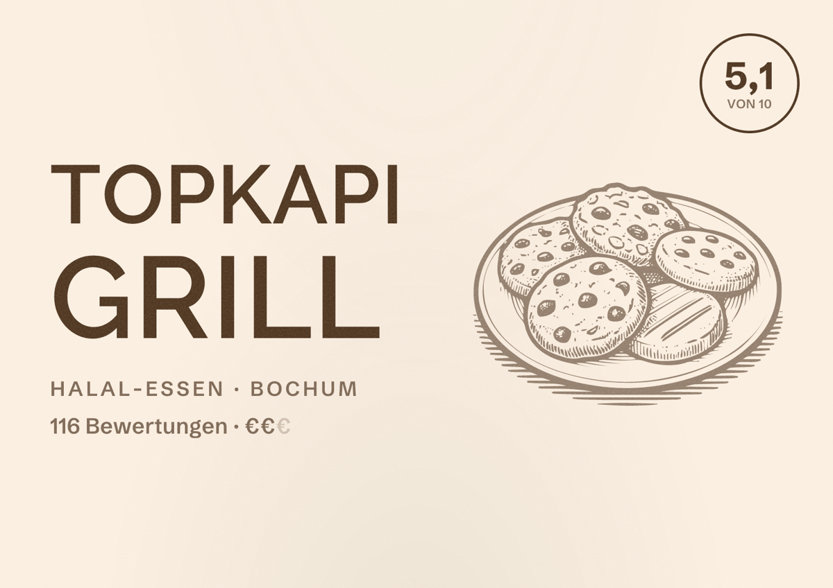 Illustriertes Poster von Topkapi Grill, Halal-Essen in Bochum: Gästebewertung 5,1 von 10 aus 116 Bewertungen