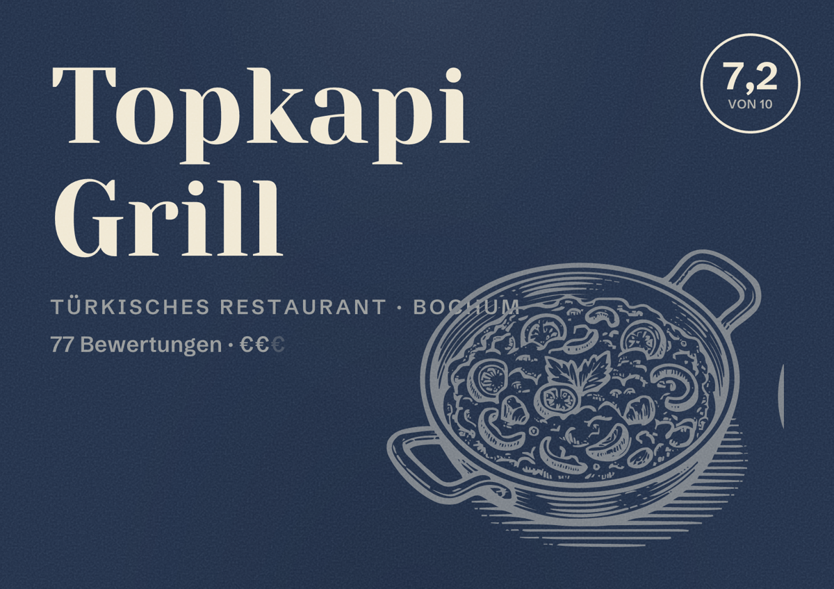 Illustriertes Poster von Topkapi Grill, Türkisches Restaurant in Bochum: Bewertung 7,2 von 10 aus 77 Bewertungen, Preisniveau €€
