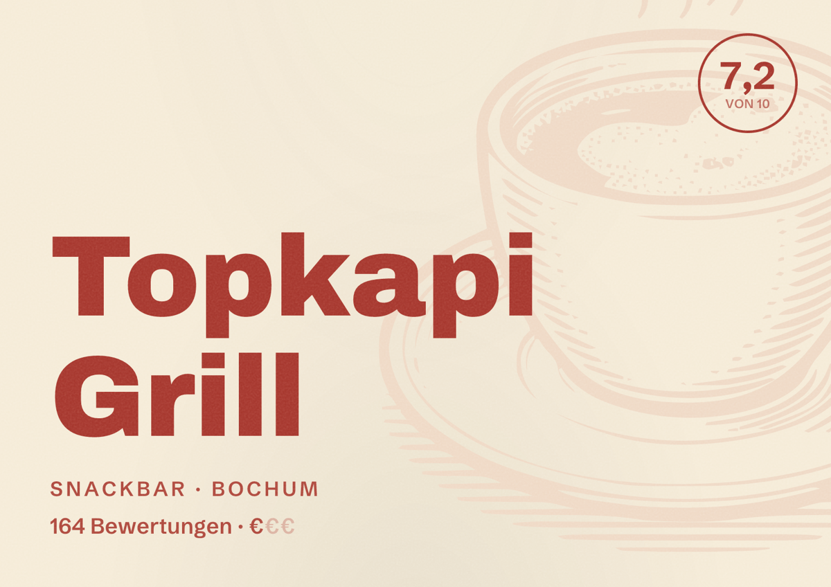 Illustriertes Poster von Topkapi Grill, Snackbar in Bochum: Bewertung 7,2 von 10 aus 164 Bewertungen, Preisniveau €