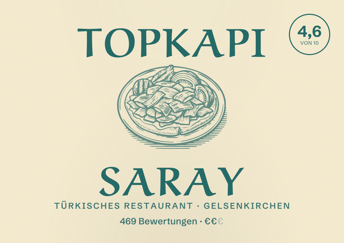 Illustriertes Poster von Topkapi Saray, Türkisches Restaurant in Gelsenkirchen: Bewertung 4,6 von 10 aus 469 Bewertungen, Preisniveau €€