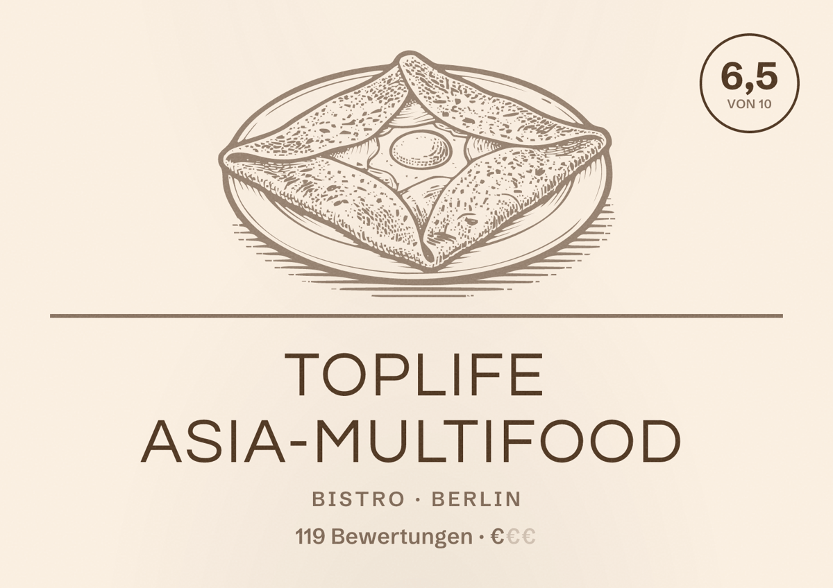 Illustriertes Poster von Toplife Asia-Multifood, Bistro in Berlin: Bewertung 6,5 von 10 aus 119 Bewertungen, Preisniveau €