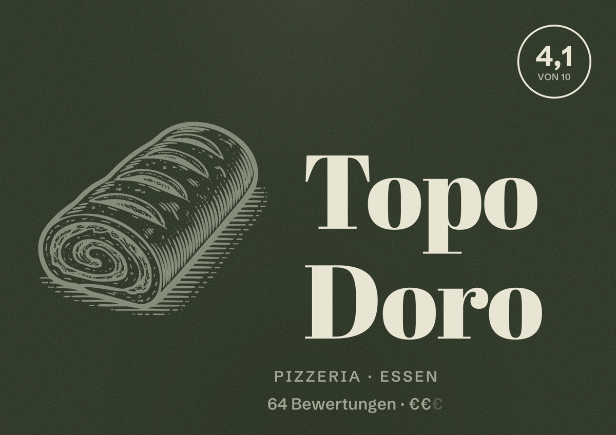 Illustriertes Poster von Topo Doro, Pizzeria in Essen: Bewertung 4,1 von 10 aus 64 Bewertungen, Preisniveau €€