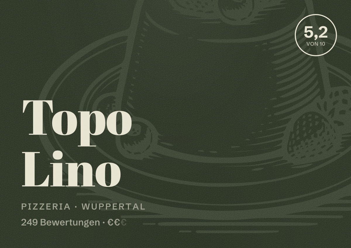 Illustriertes Poster von Topo Lino, Pizzeria in Wuppertal: Bewertung 5,2 von 10 aus 249 Bewertungen, Preisniveau €€